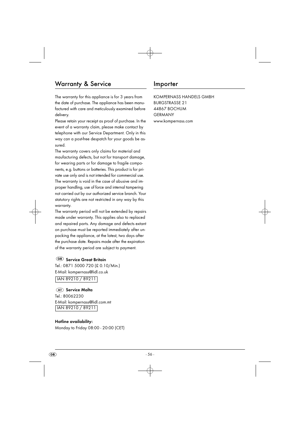 Warranty & service, Importer | Silvercrest SGB 1380 B2 User Manual | Page 59 / 74