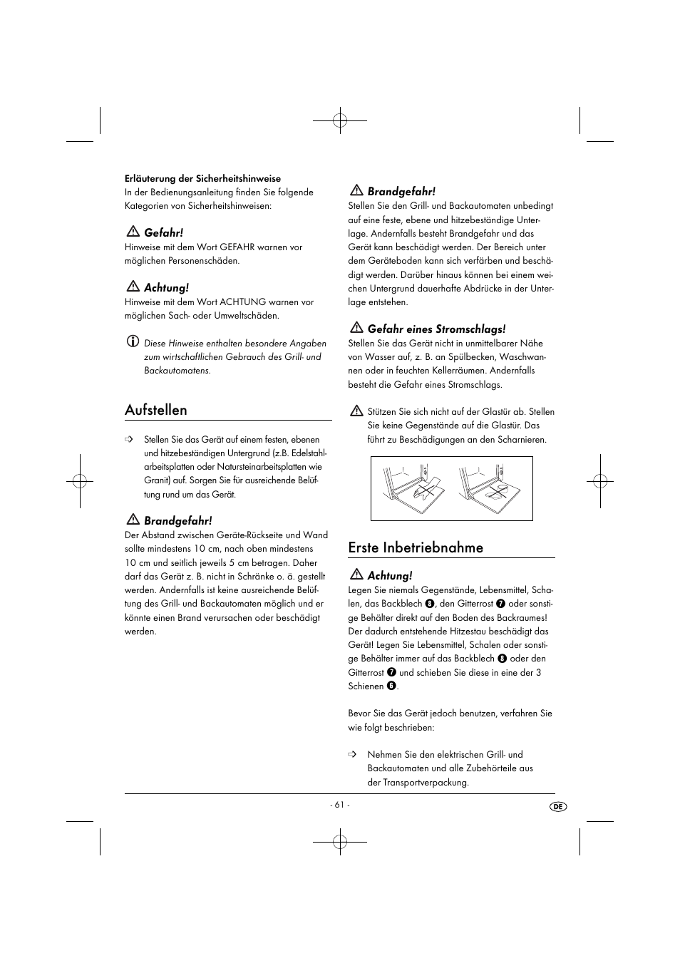 Aufstellen, Erste inbetriebnahme, Gefahr | Achtung, Brandgefahr, Gefahr eines stromschlags | Silvercrest SGB 1380 B2 User Manual | Page 64 / 74