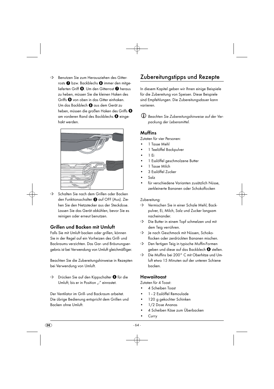 Zubereitungstipps und rezepte, Grillen und backen mit umluft, Muffins | Hawaiitoast | Silvercrest SGB 1380 B2 User Manual | Page 67 / 74