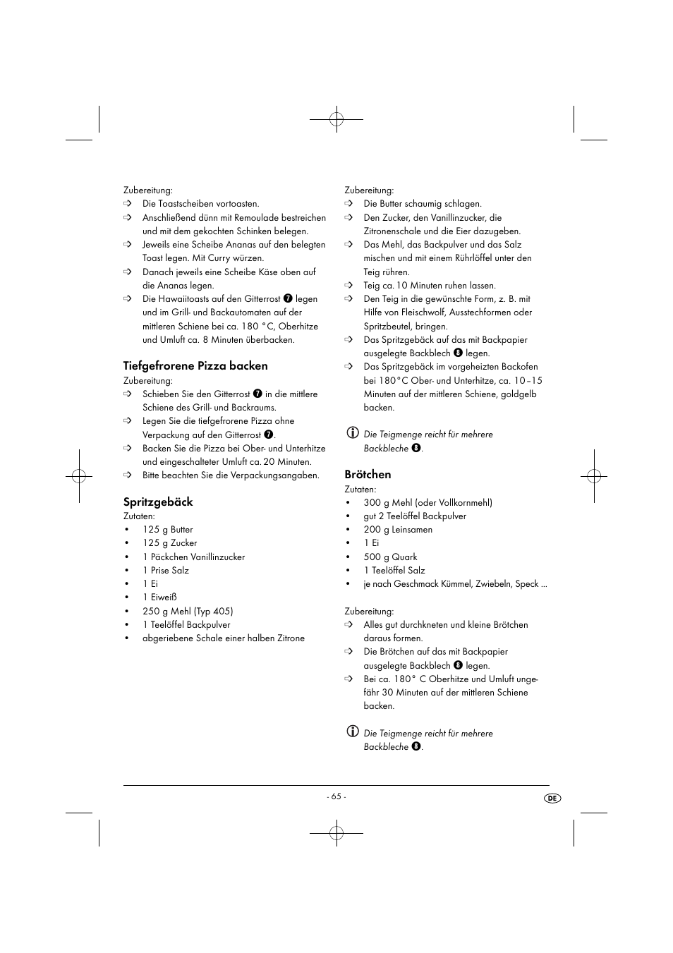 Tiefgefrorene pizza backen, Spritzgebäck, Brötchen | Silvercrest SGB 1380 B2 User Manual | Page 68 / 74