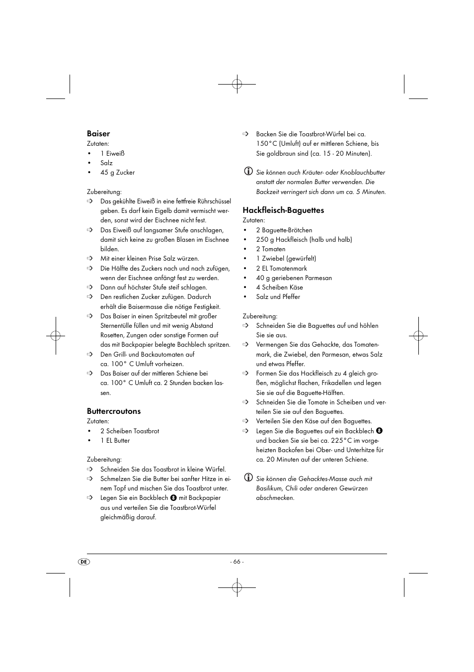 Baiser, Buttercroutons, Hackfleisch-baguettes | Silvercrest SGB 1380 B2 User Manual | Page 69 / 74