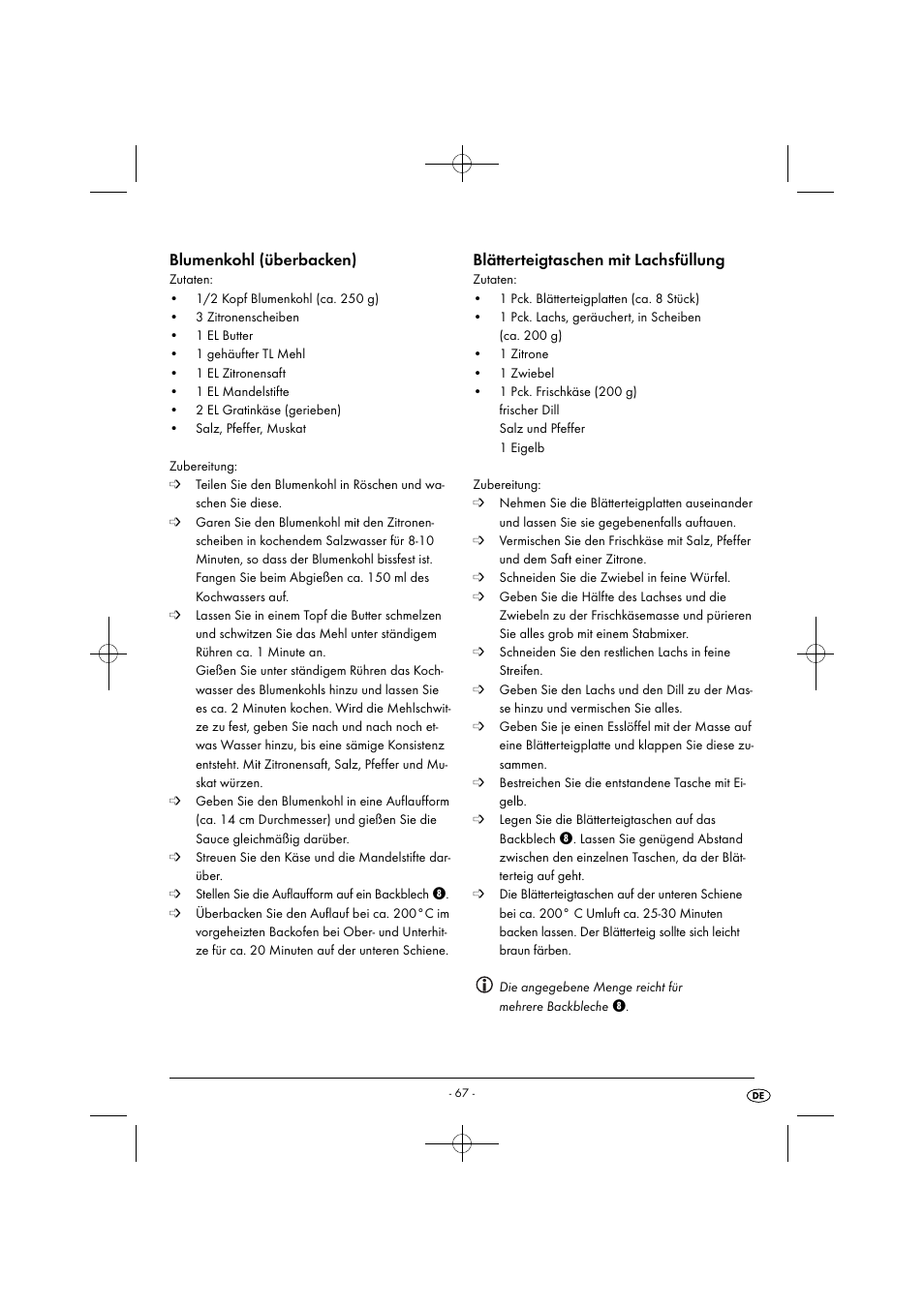 Blumenkohl (überbacken), Blätterteigtaschen mit lachsfüllung | Silvercrest SGB 1380 B2 User Manual | Page 70 / 74