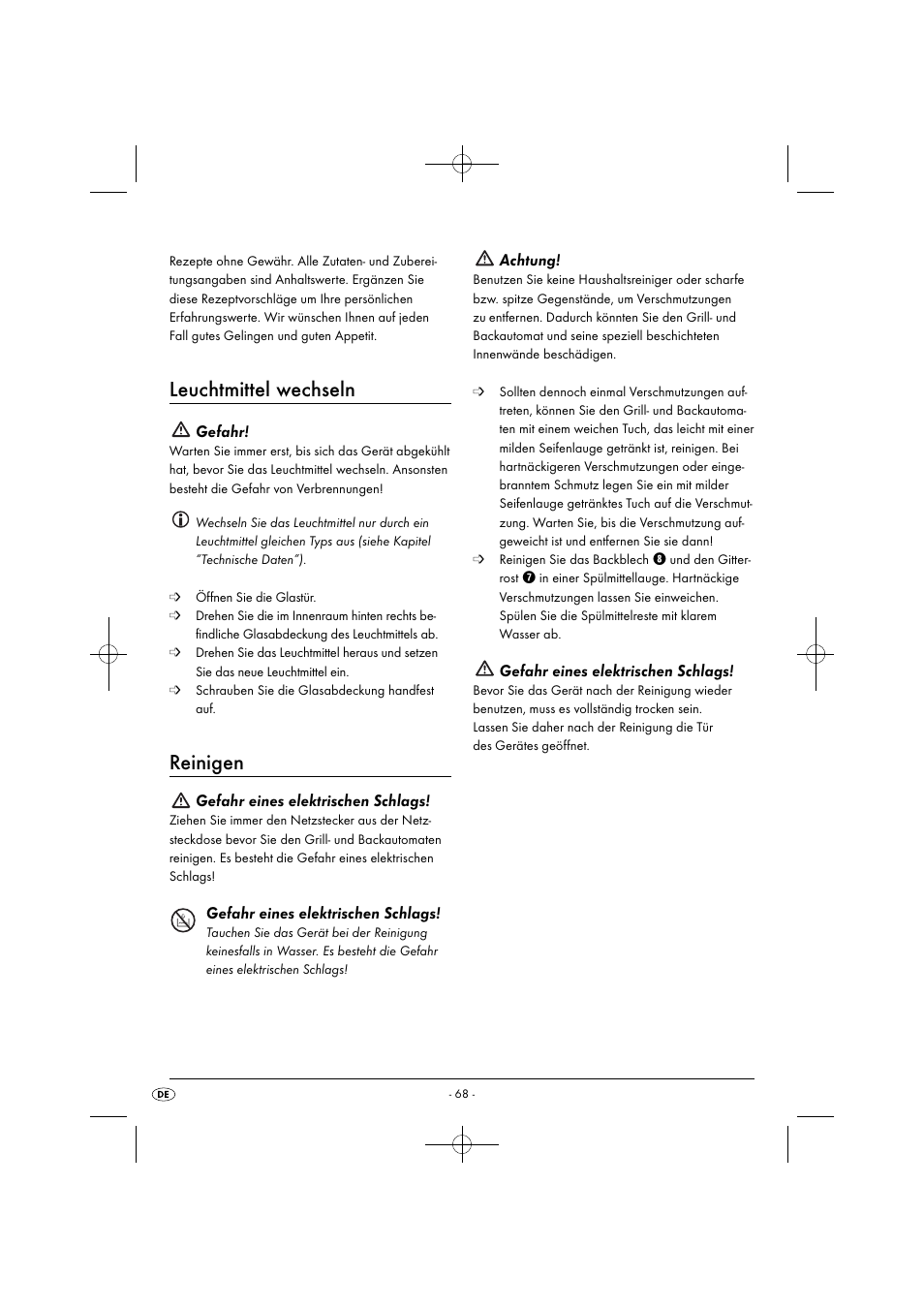 Leuchtmittel wechseln, Reinigen, Gefahr | Gefahr eines elektrischen schlags, Achtung | Silvercrest SGB 1380 B2 User Manual | Page 71 / 74