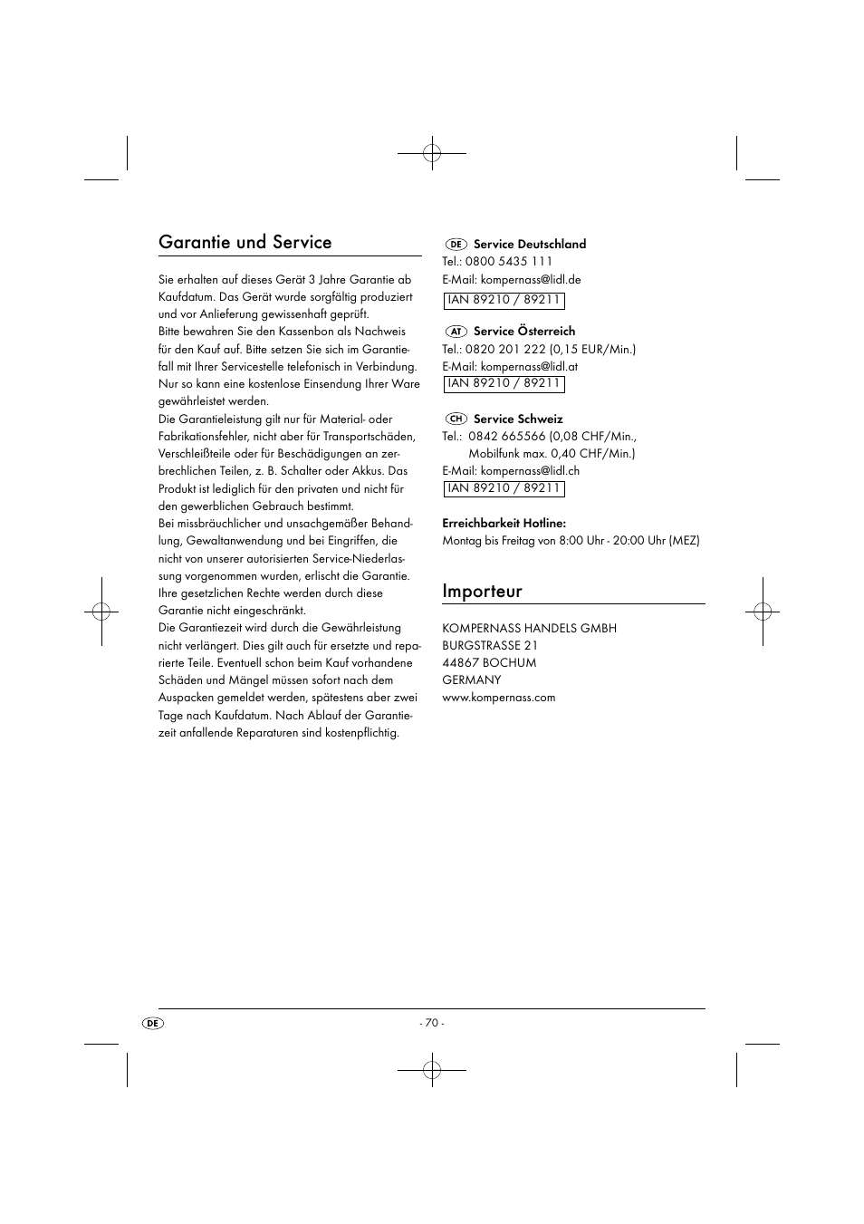 Garantie und service, Importeur | Silvercrest SGB 1380 B2 User Manual | Page 73 / 74