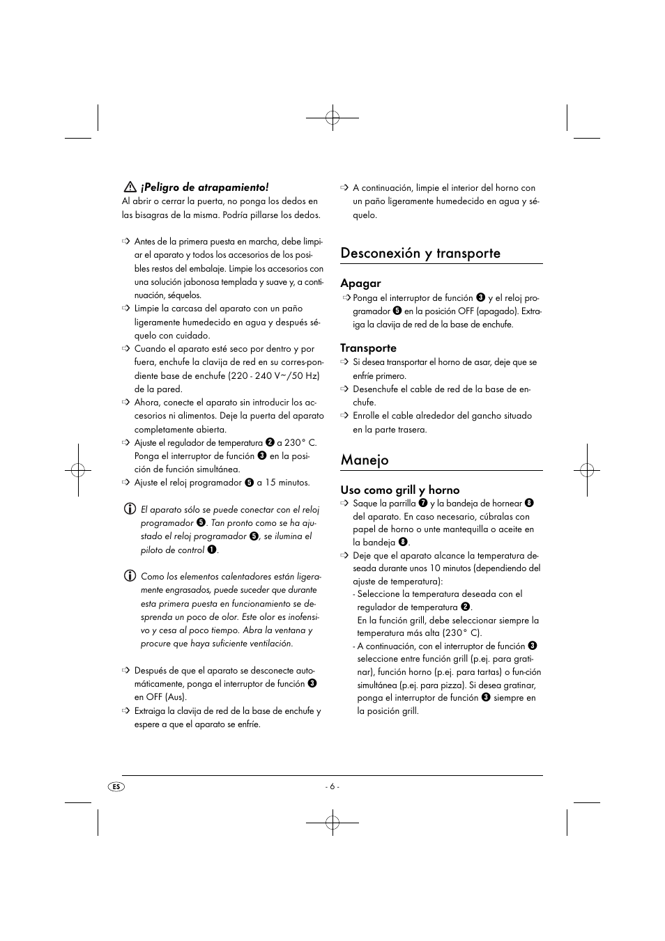 Desconexión y transporte, Manejo, Peligro de atrapamiento | Apagar, Transporte, Uso como grill y horno | Silvercrest SGB 1380 B2 User Manual | Page 9 / 74