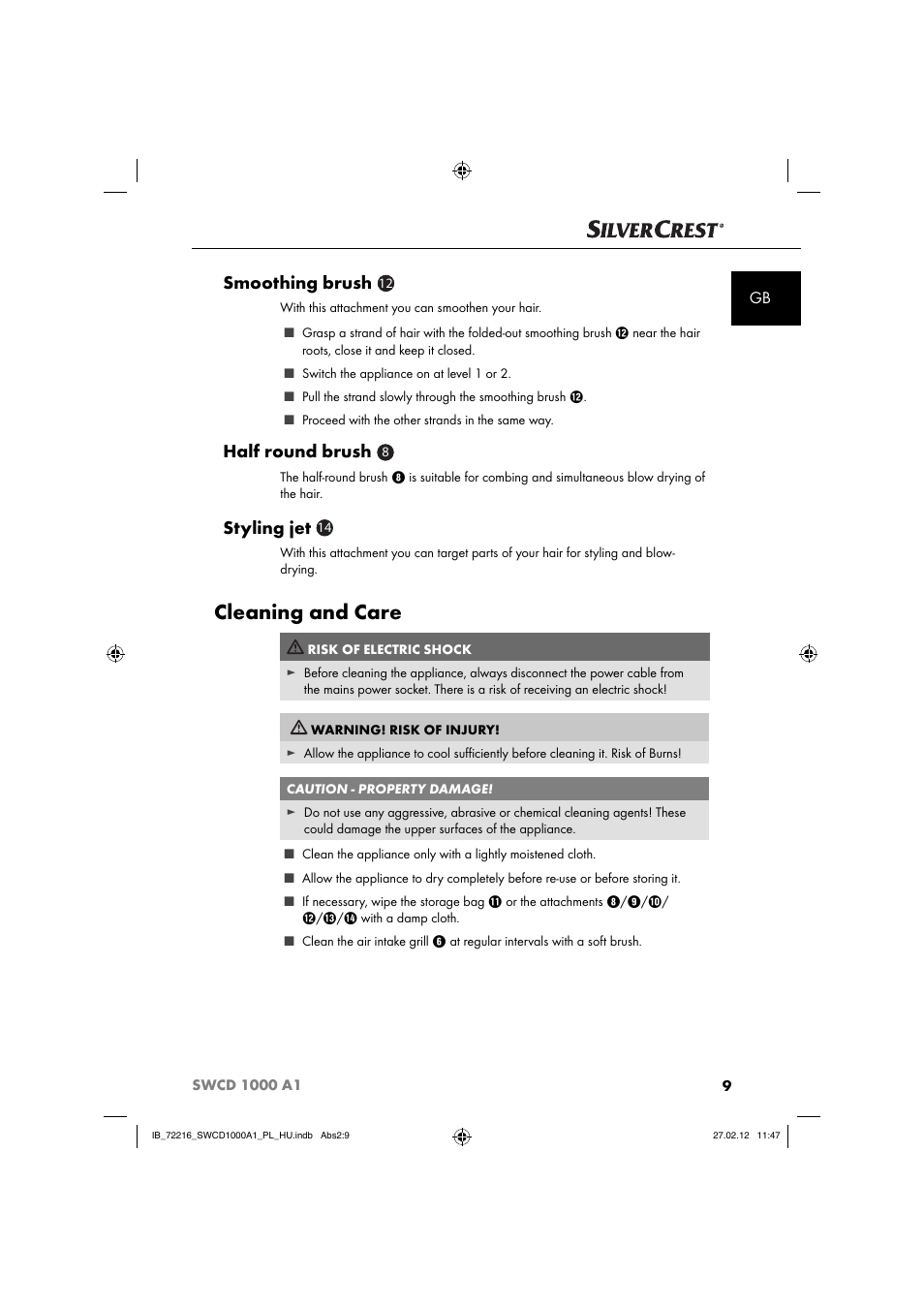 Cleaning and care, Smoothing brush, Half round brush | Styling jet | Silvercrest SWCD 1000 A1 User Manual | Page 11 / 50