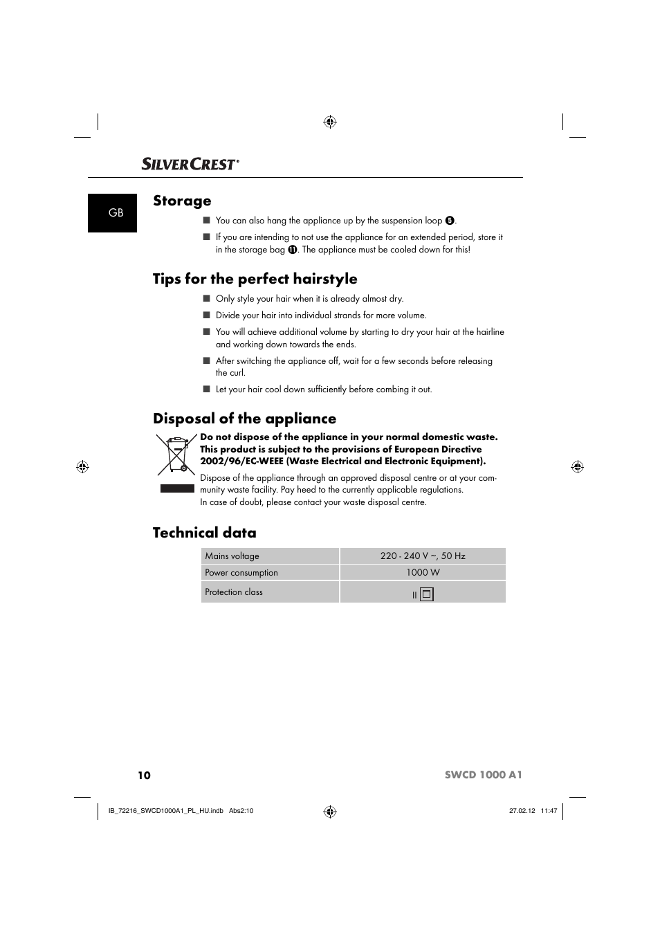 Storage, Tips for the perfect hairstyle, Disposal of the appliance | Technical data | Silvercrest SWCD 1000 A1 User Manual | Page 12 / 50