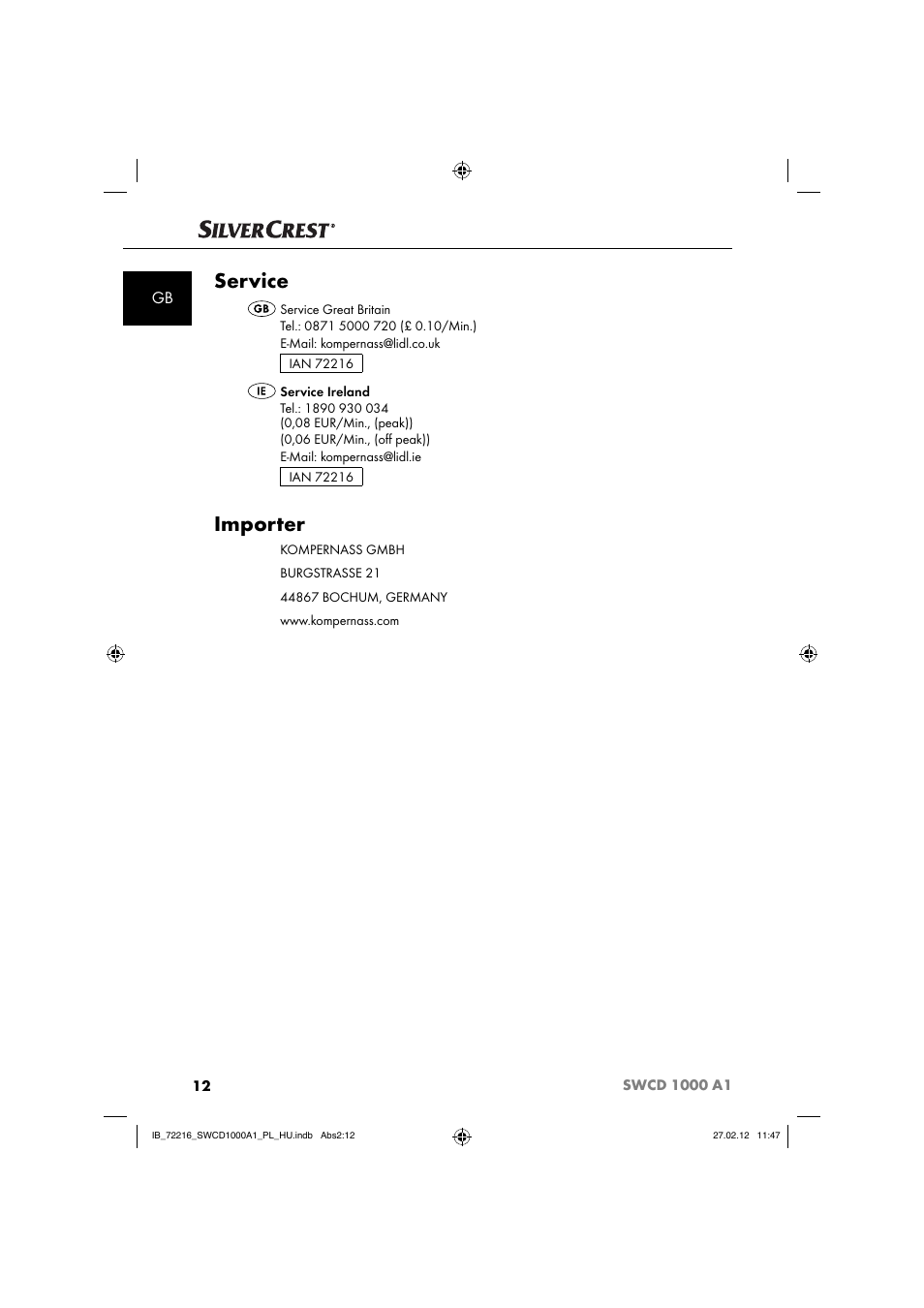 Service, Importer | Silvercrest SWCD 1000 A1 User Manual | Page 14 / 50