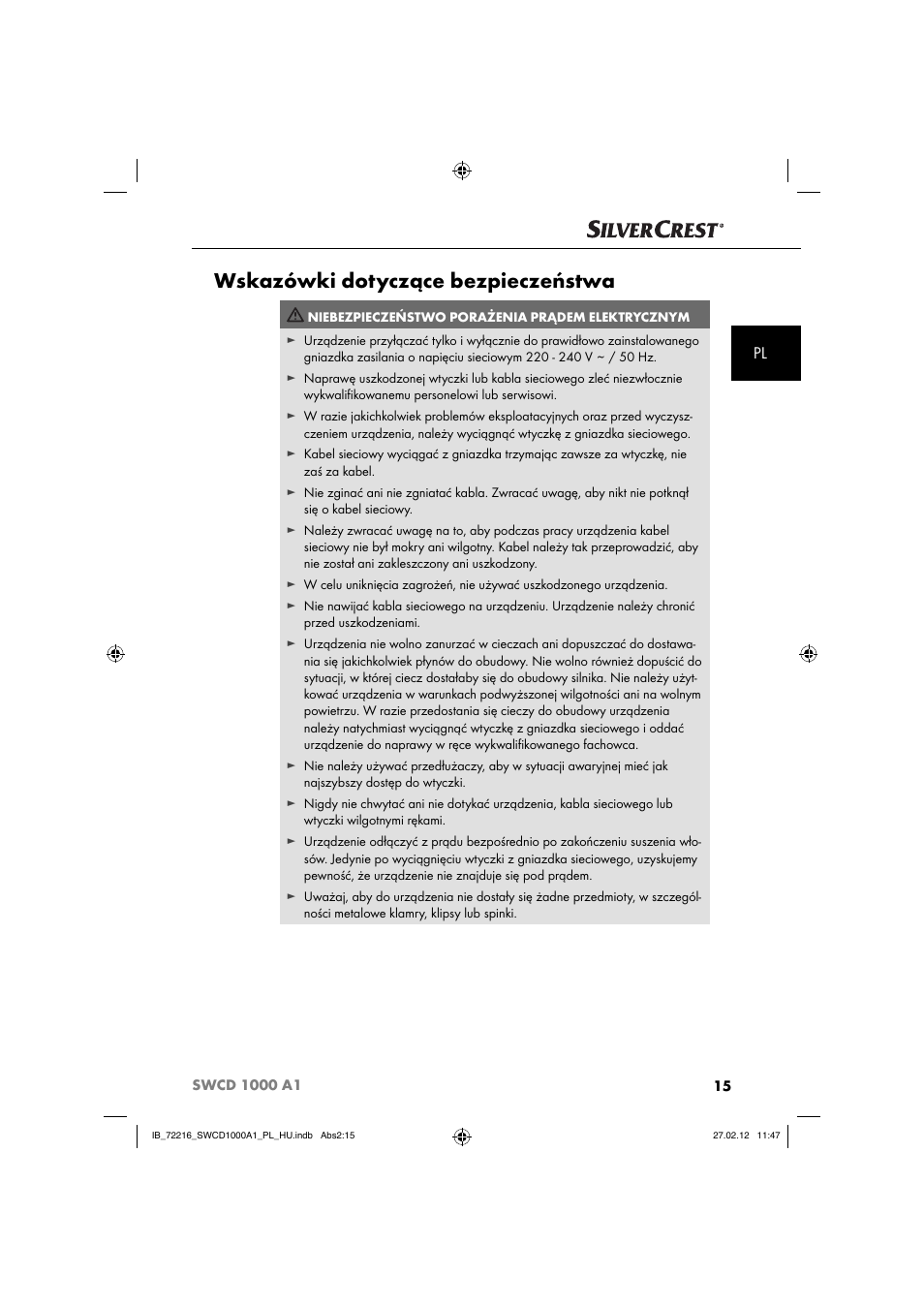 Wskazówki dotyczące bezpieczeństwa | Silvercrest SWCD 1000 A1 User Manual | Page 17 / 50