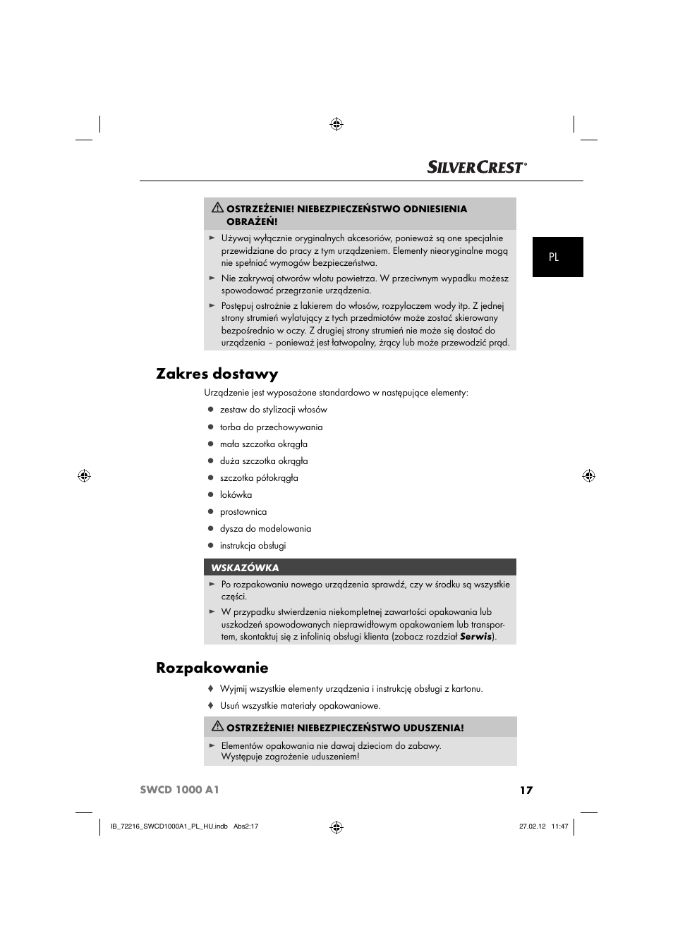 Zakres dostawy, Rozpakowanie | Silvercrest SWCD 1000 A1 User Manual | Page 19 / 50