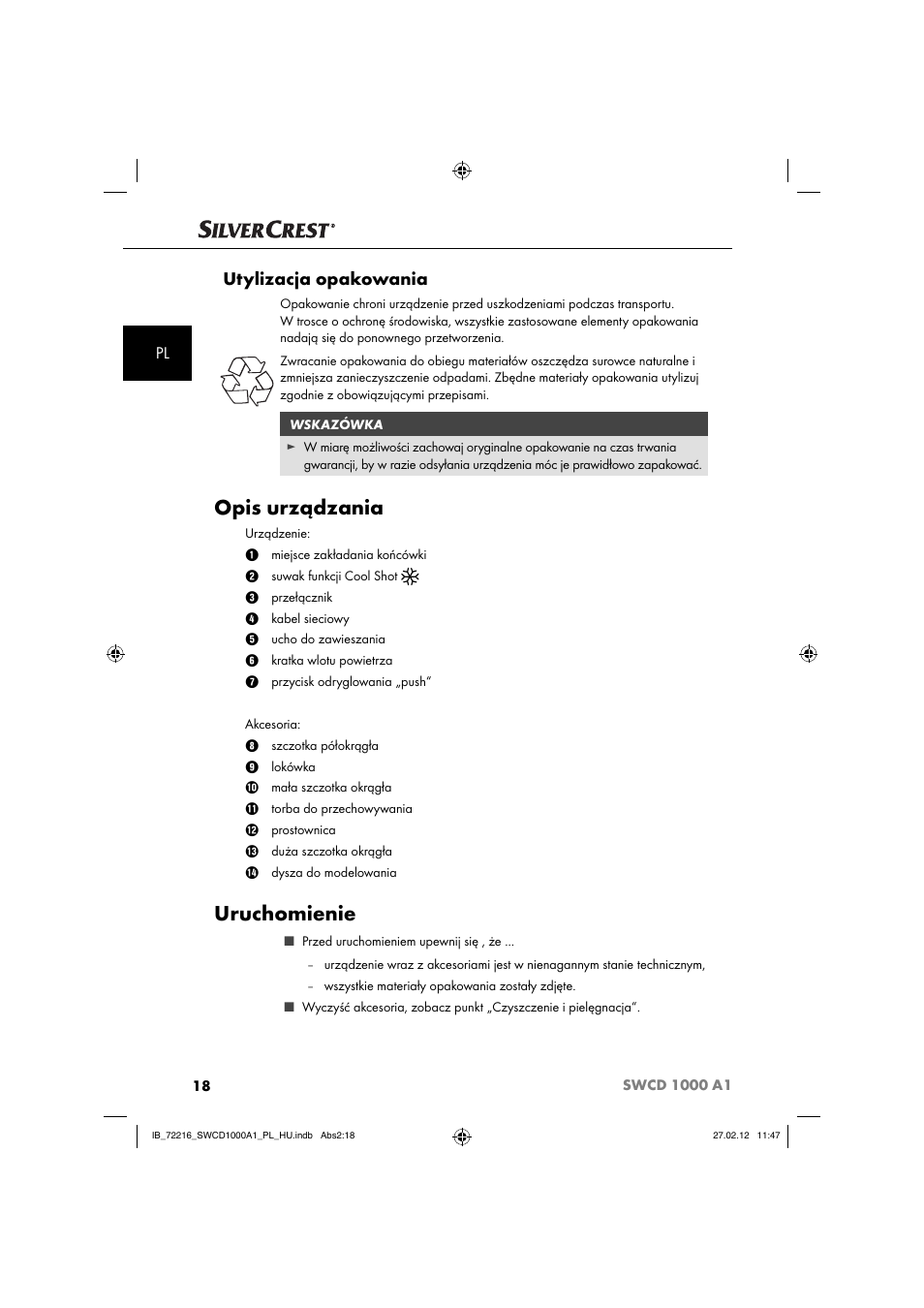 Opis urządzania, Uruchomienie, Utylizacja opakowania | Silvercrest SWCD 1000 A1 User Manual | Page 20 / 50