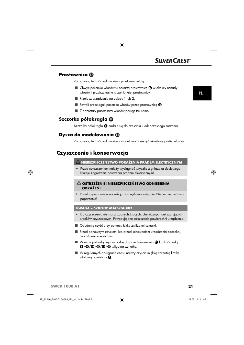 Czyszczenie i konserwacja, Prostownica, Szczotka półokrągła | Dysza do modelowania | Silvercrest SWCD 1000 A1 User Manual | Page 23 / 50