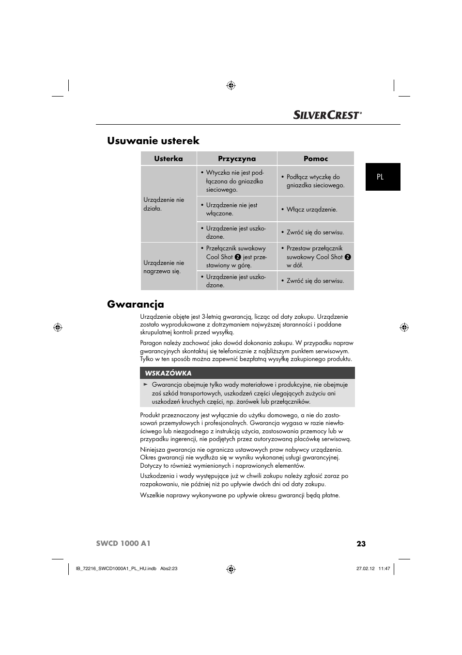 Usuwanie usterek, Gwarancja | Silvercrest SWCD 1000 A1 User Manual | Page 25 / 50