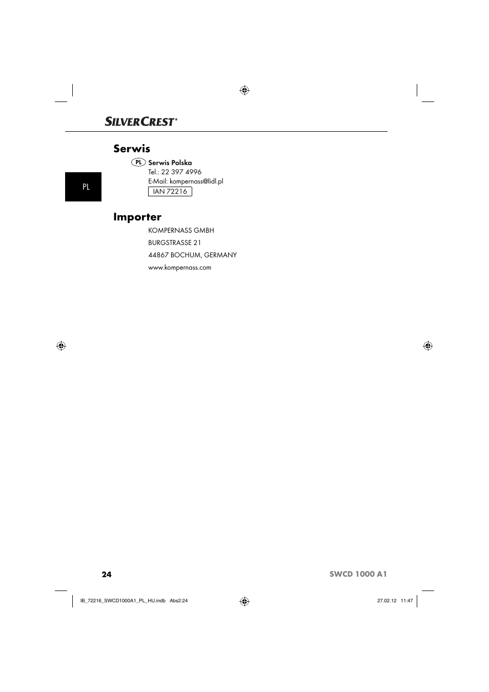 Serwis, Importer | Silvercrest SWCD 1000 A1 User Manual | Page 26 / 50