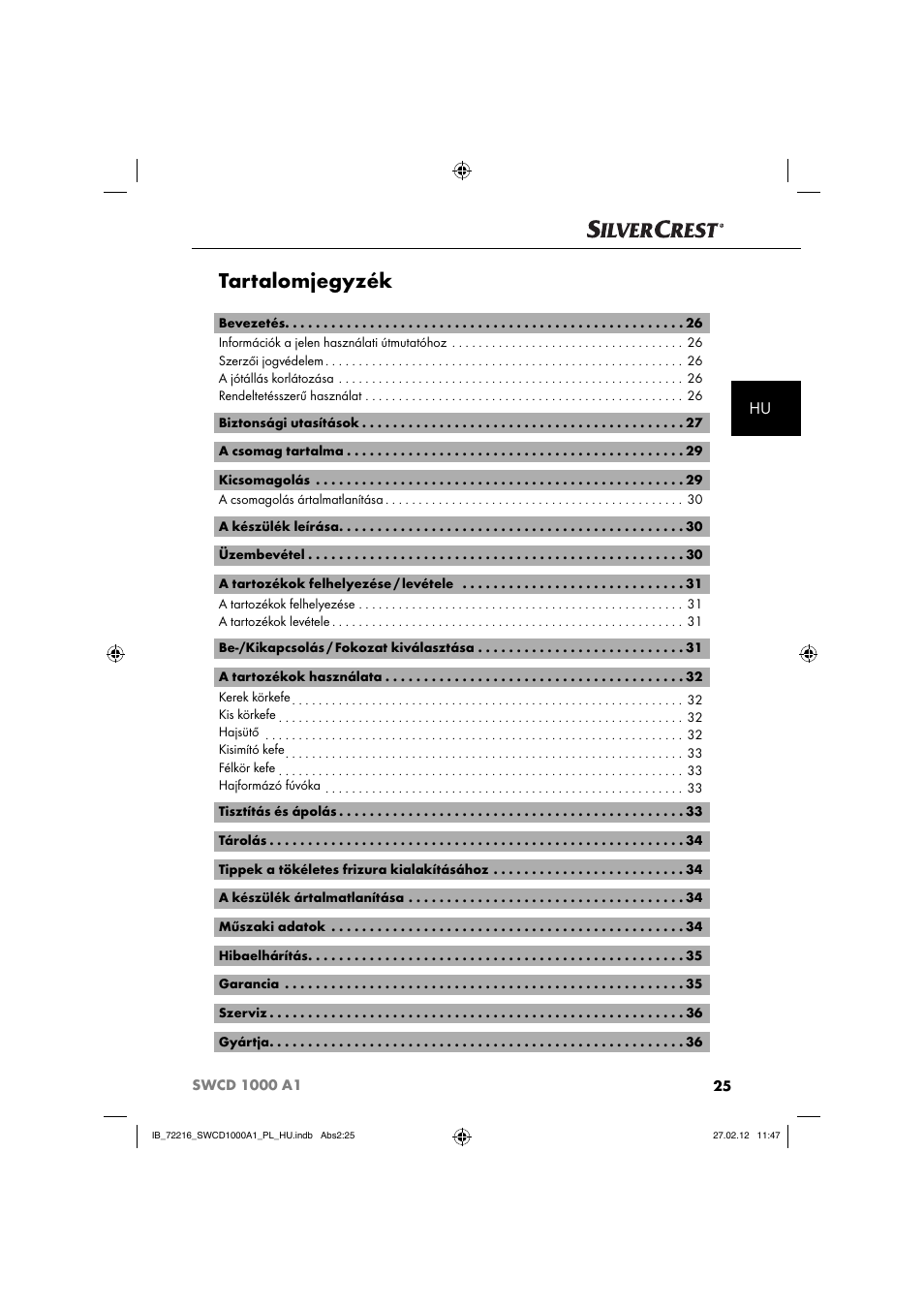 Tartalomjegyzék | Silvercrest SWCD 1000 A1 User Manual | Page 27 / 50