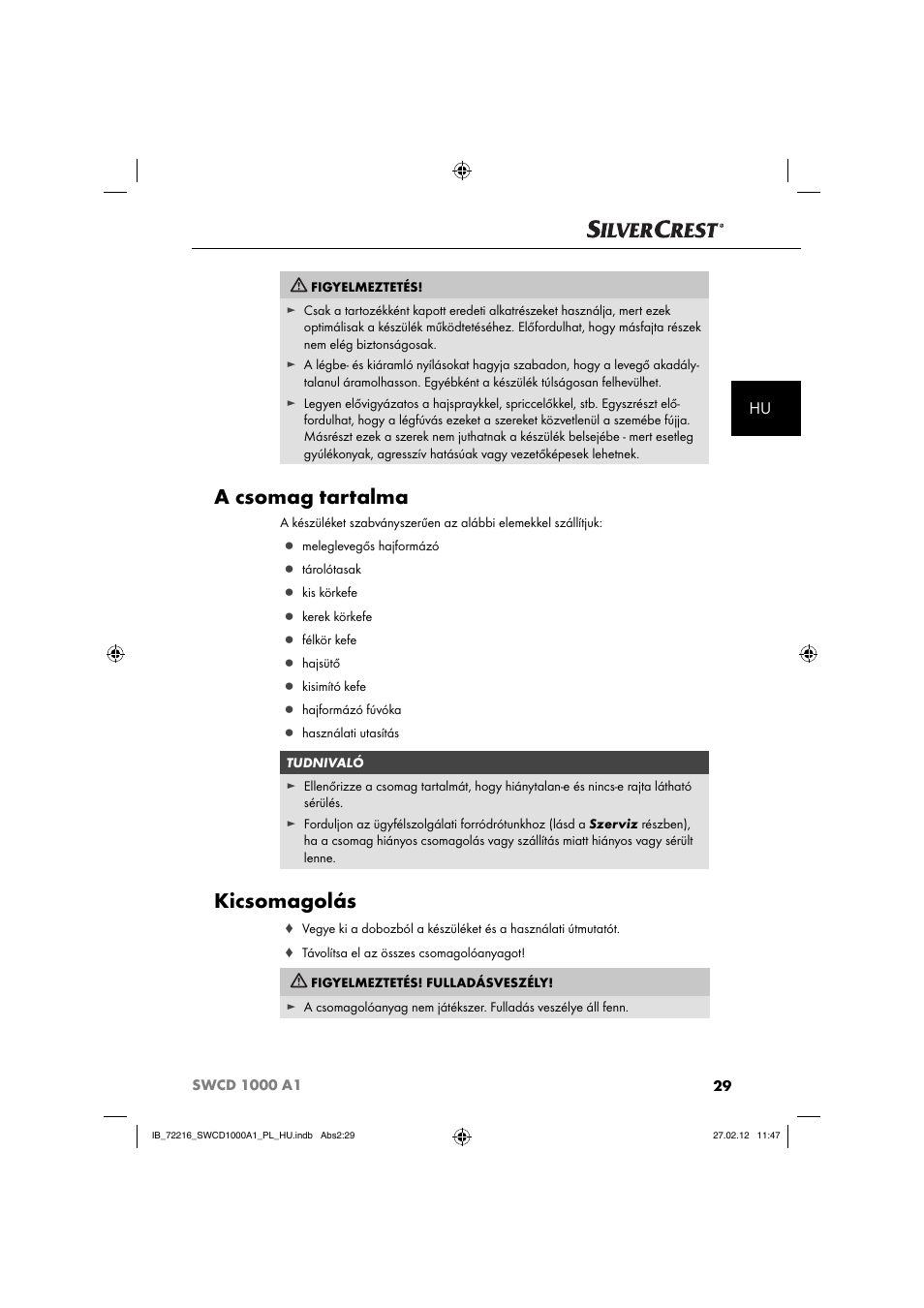 A csomag tartalma, Kicsomagolás | Silvercrest SWCD 1000 A1 User Manual | Page 31 / 50