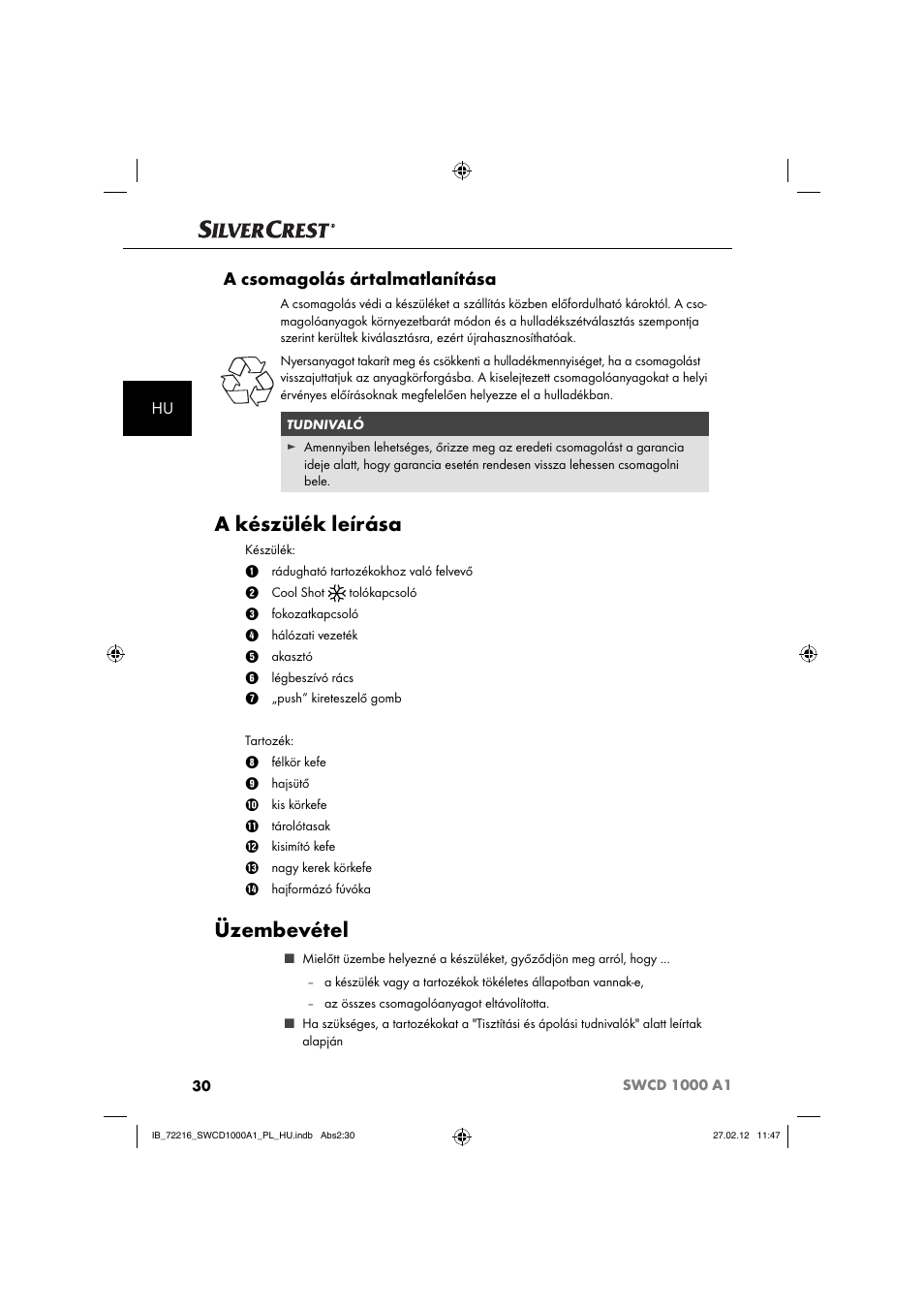 A készülék leírása, Üzembevétel, A csomagolás ártalmatlanítása | Silvercrest SWCD 1000 A1 User Manual | Page 32 / 50