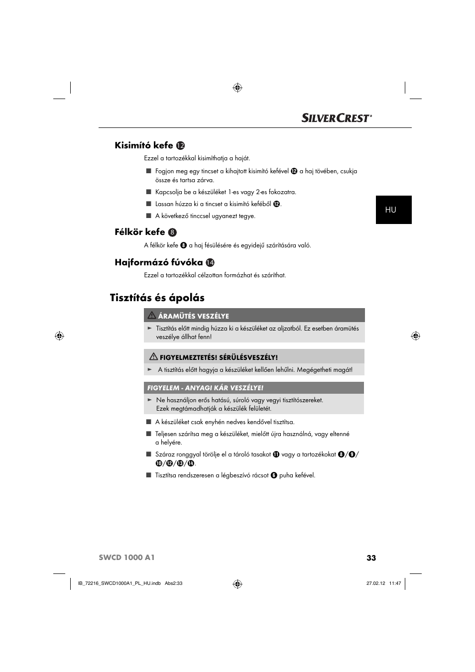 Tisztítás és ápolás, Kisimító kefe, Félkör kefe | Hajformázó fúvóka | Silvercrest SWCD 1000 A1 User Manual | Page 35 / 50