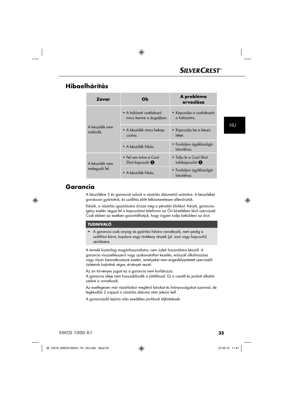 Hibaelhárítás, Garancia | Silvercrest SWCD 1000 A1 User Manual | Page 37 / 50