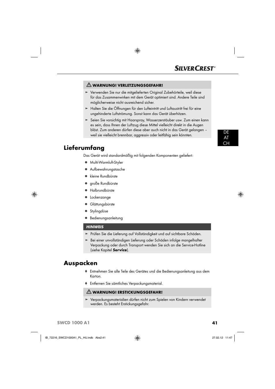 Lieferumfang, Auspacken, De at ch | Silvercrest SWCD 1000 A1 User Manual | Page 43 / 50