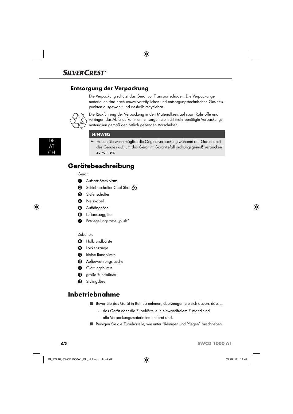 Gerätebeschreibung, Inbetriebnahme, Entsorgung der verpackung | De at ch | Silvercrest SWCD 1000 A1 User Manual | Page 44 / 50