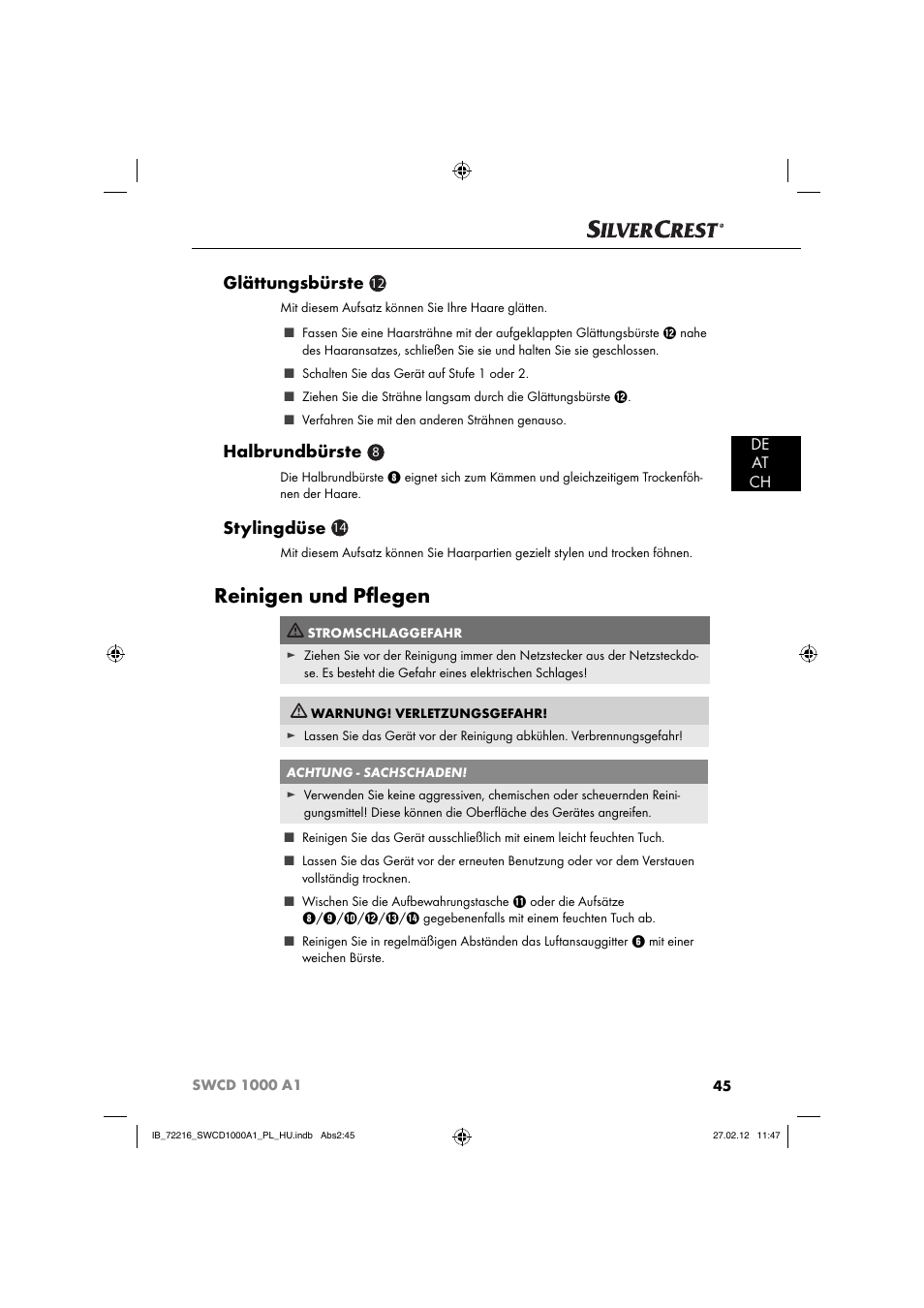 Reinigen und pﬂ egen, Glättungsbürste, Halbrundbürste | Stylingdüse, De at ch | Silvercrest SWCD 1000 A1 User Manual | Page 47 / 50