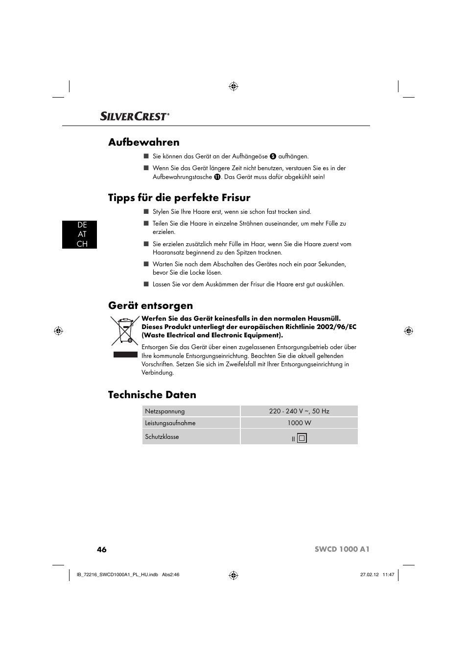 Aufbewahren, Tipps für die perfekte frisur, Gerät entsorgen | Technische daten, De at ch | Silvercrest SWCD 1000 A1 User Manual | Page 48 / 50