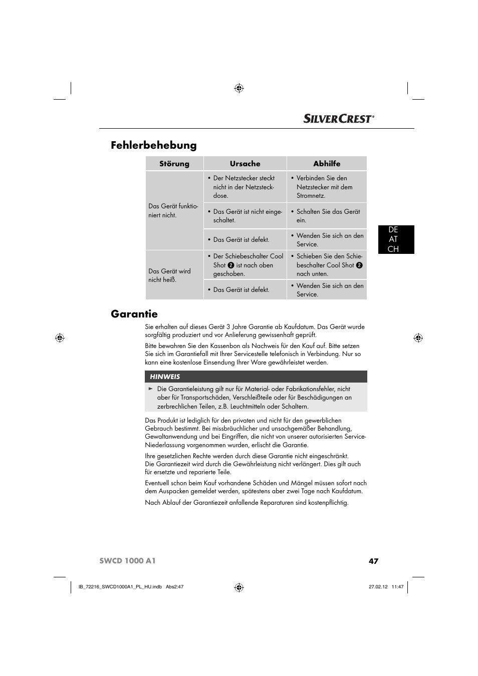 Fehlerbehebung, Garantie, De at ch | Silvercrest SWCD 1000 A1 User Manual | Page 49 / 50