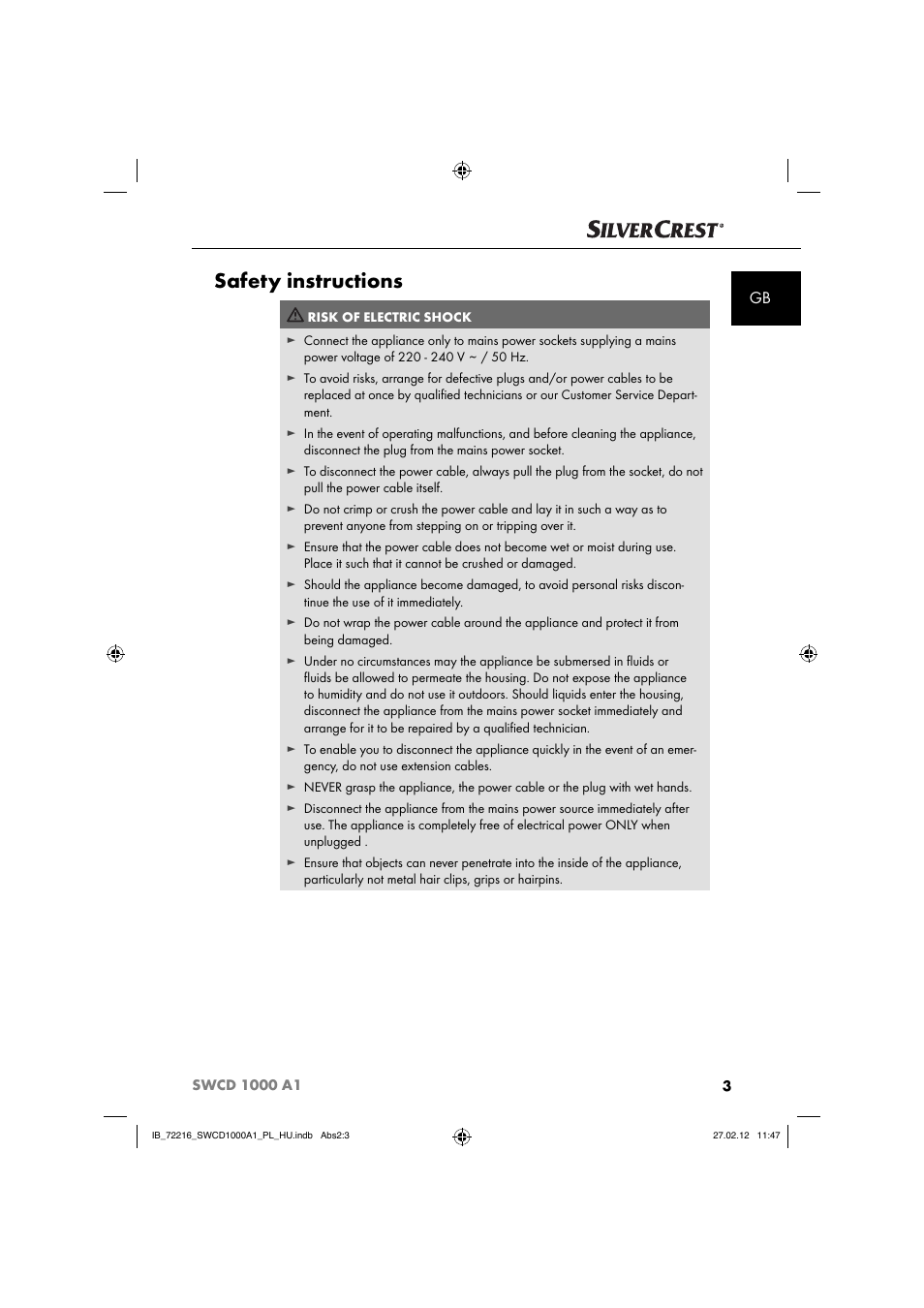 Safety instructions | Silvercrest SWCD 1000 A1 User Manual | Page 5 / 50