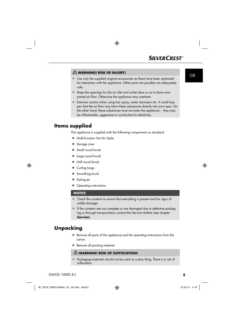 Items supplied, Unpacking | Silvercrest SWCD 1000 A1 User Manual | Page 7 / 50