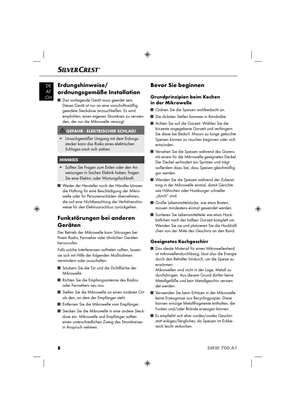 Erdungshinweise/ ordnungsgemäße installation, Funkstörungen bei anderen geräten, Bevor sie beginnen | Silvercrest SMW 700 A1 User Manual | Page 11 / 52