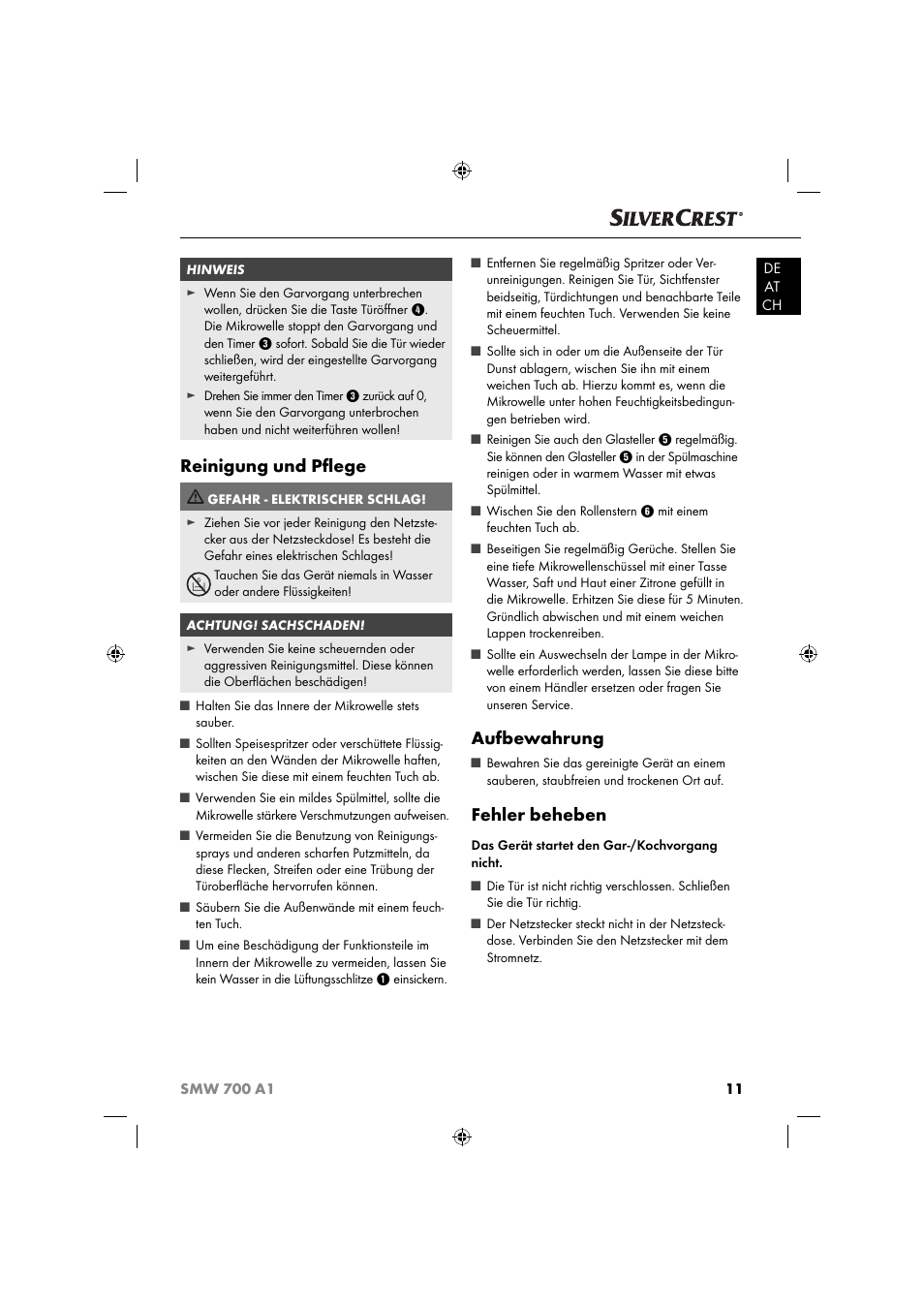 Reinigung und pﬂ ege, Aufbewahrung, Fehler beheben | Silvercrest SMW 700 A1 User Manual | Page 14 / 52