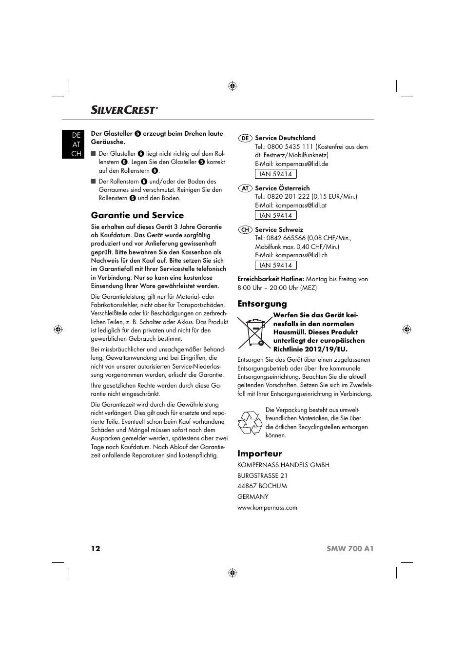 Garantie und service, Entsorgung, Importeur | Silvercrest SMW 700 A1 User Manual | Page 15 / 52