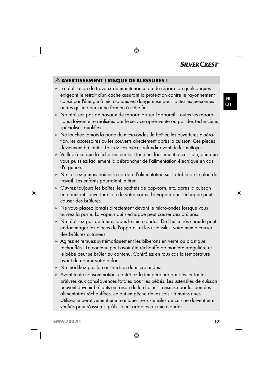 Avertissement ! risque de blessures, Ne modiﬁ ez pas la construction du micro-ondes | Silvercrest SMW 700 A1 User Manual | Page 20 / 52