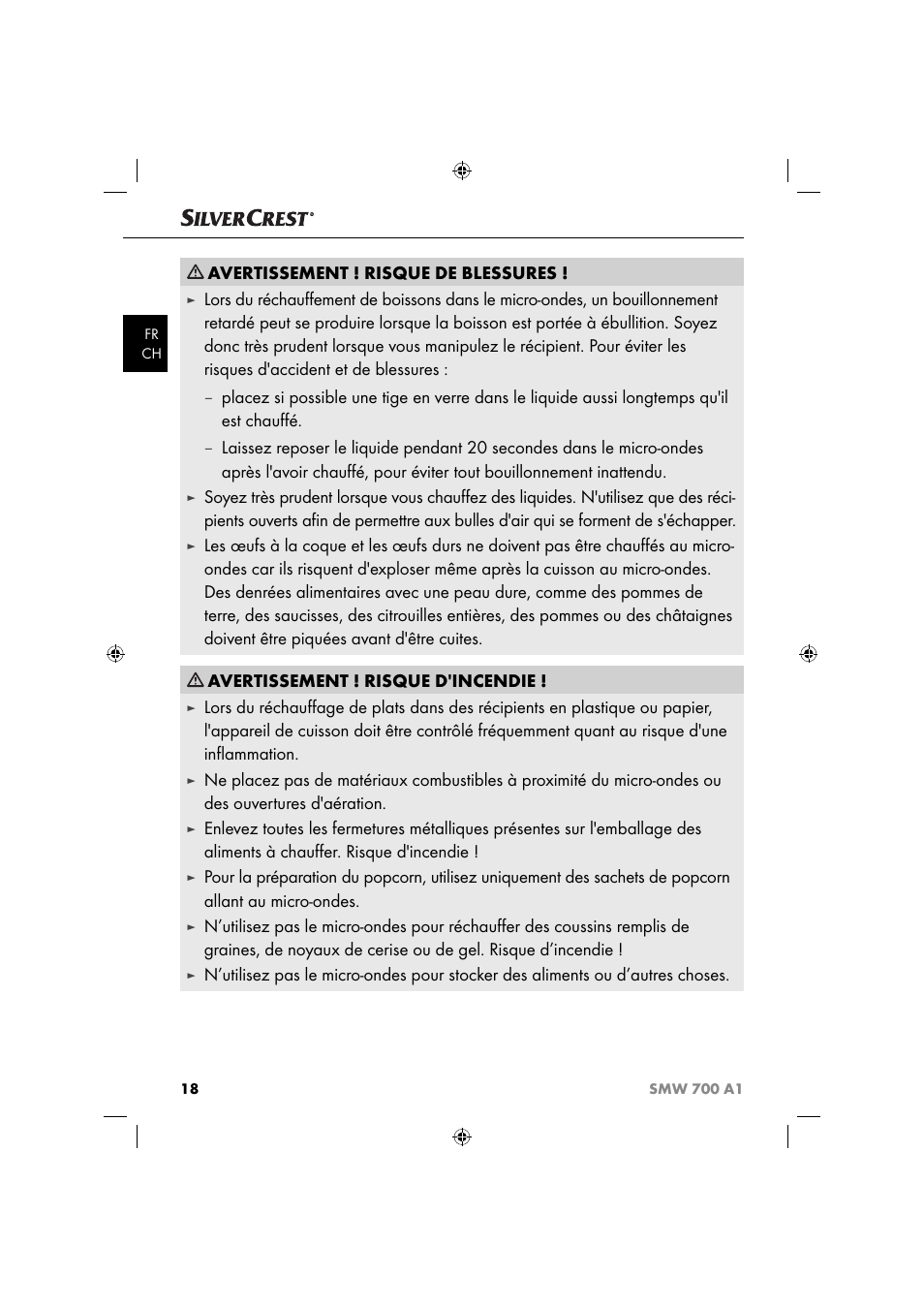 Avertissement ! risque de blessures, Avertissement ! risque d'incendie | Silvercrest SMW 700 A1 User Manual | Page 21 / 52