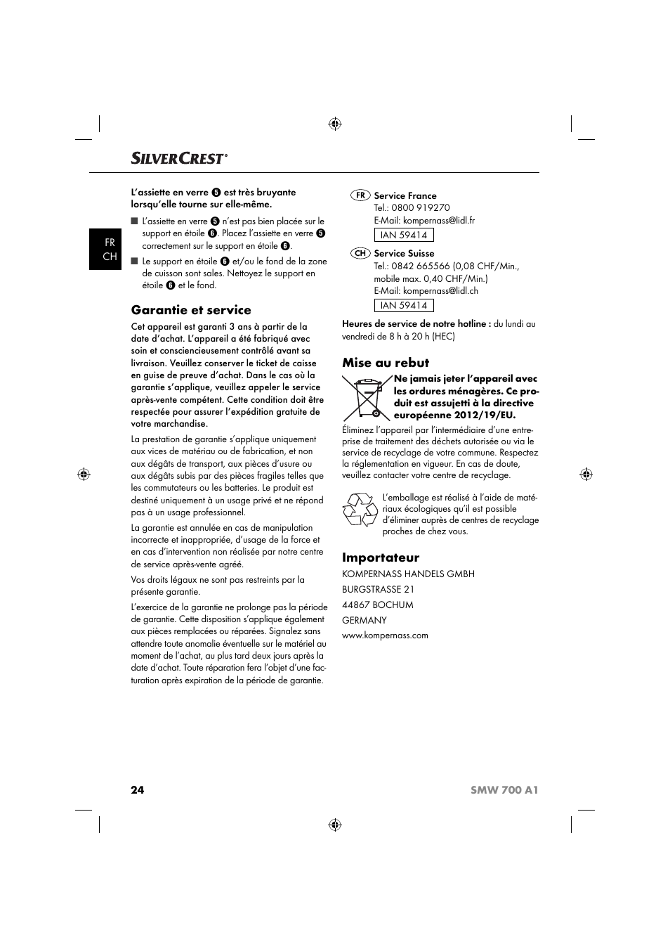 Garantie et service, Mise au rebut, Importateur | Silvercrest SMW 700 A1 User Manual | Page 27 / 52