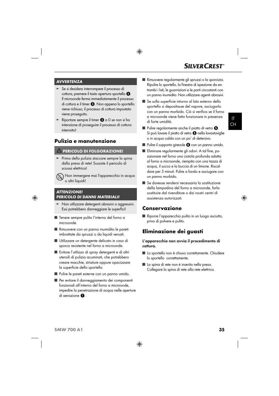 Pulizia e manutenzione, Conservazione, Eliminazione dei guasti | Silvercrest SMW 700 A1 User Manual | Page 38 / 52