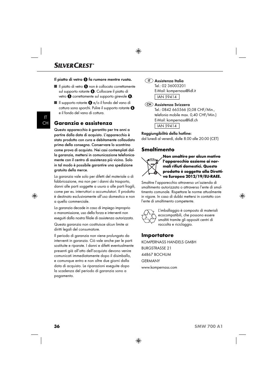 Garanzia e assistenza, Smaltimento, Importatore | Silvercrest SMW 700 A1 User Manual | Page 39 / 52