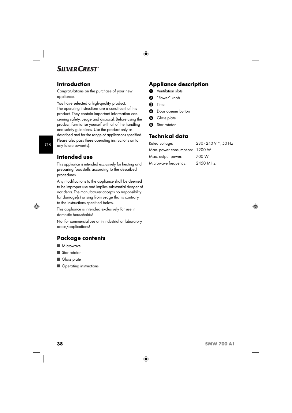 Introduction, Intended use, Package contents | Appliance description, Technical data | Silvercrest SMW 700 A1 User Manual | Page 41 / 52