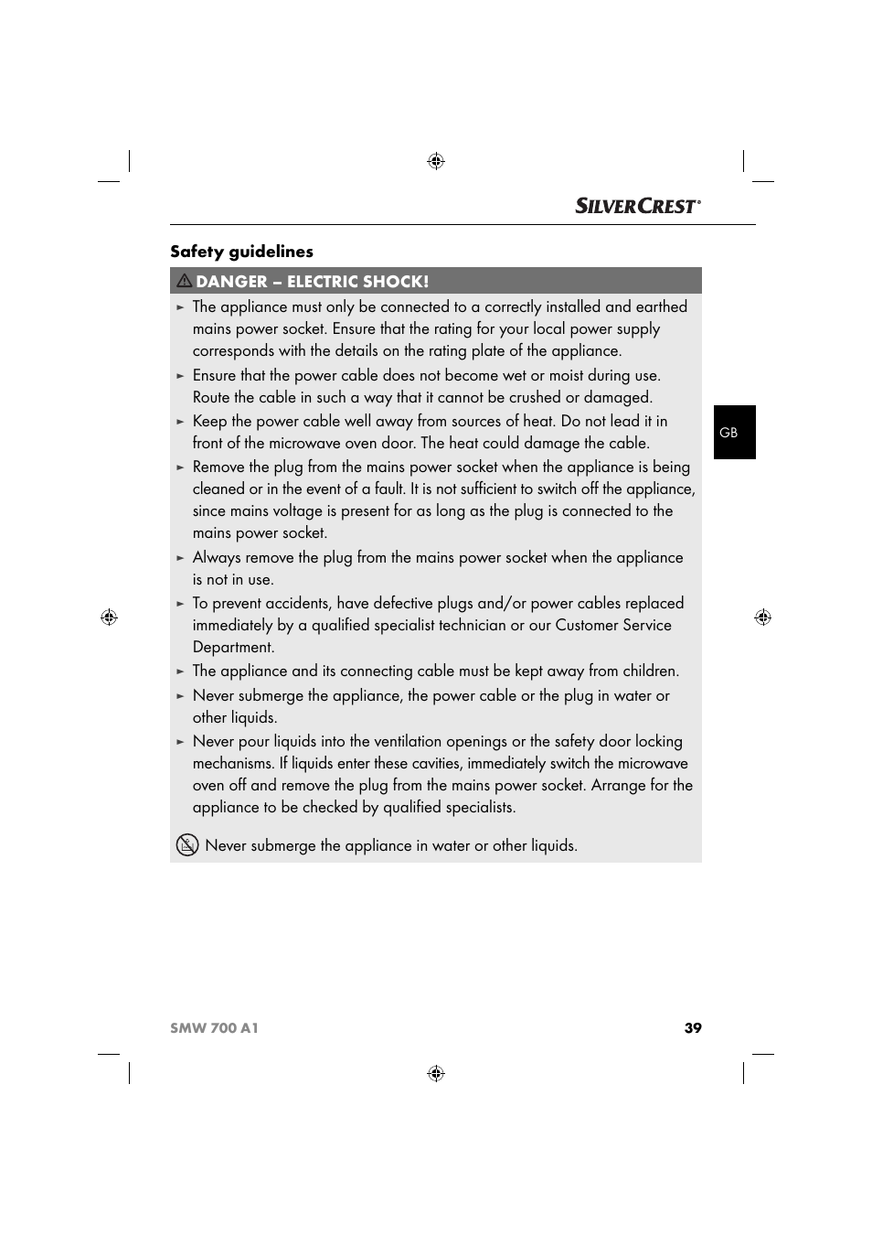 Safety guidelines, Danger – electric shock | Silvercrest SMW 700 A1 User Manual | Page 42 / 52