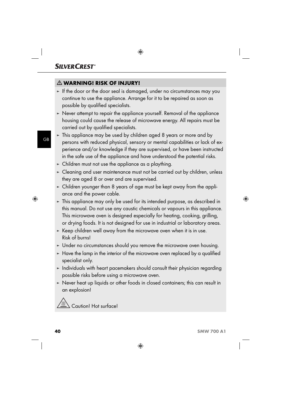 Warning! risk of injury, Children must not use the appliance as a plaything | Silvercrest SMW 700 A1 User Manual | Page 43 / 52