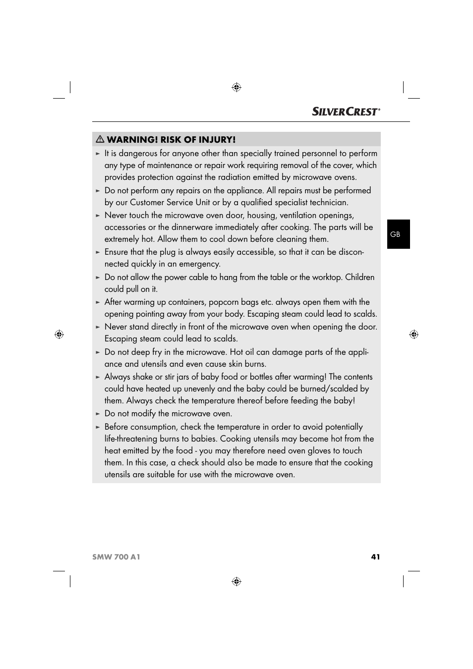 Warning! risk of injury, Do not modify the microwave oven | Silvercrest SMW 700 A1 User Manual | Page 44 / 52