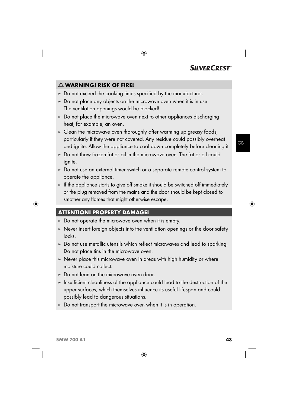 Warning! risk of fire, Do not operate the microwave oven when it is empty, Do not lean on the microwave oven door | Silvercrest SMW 700 A1 User Manual | Page 46 / 52