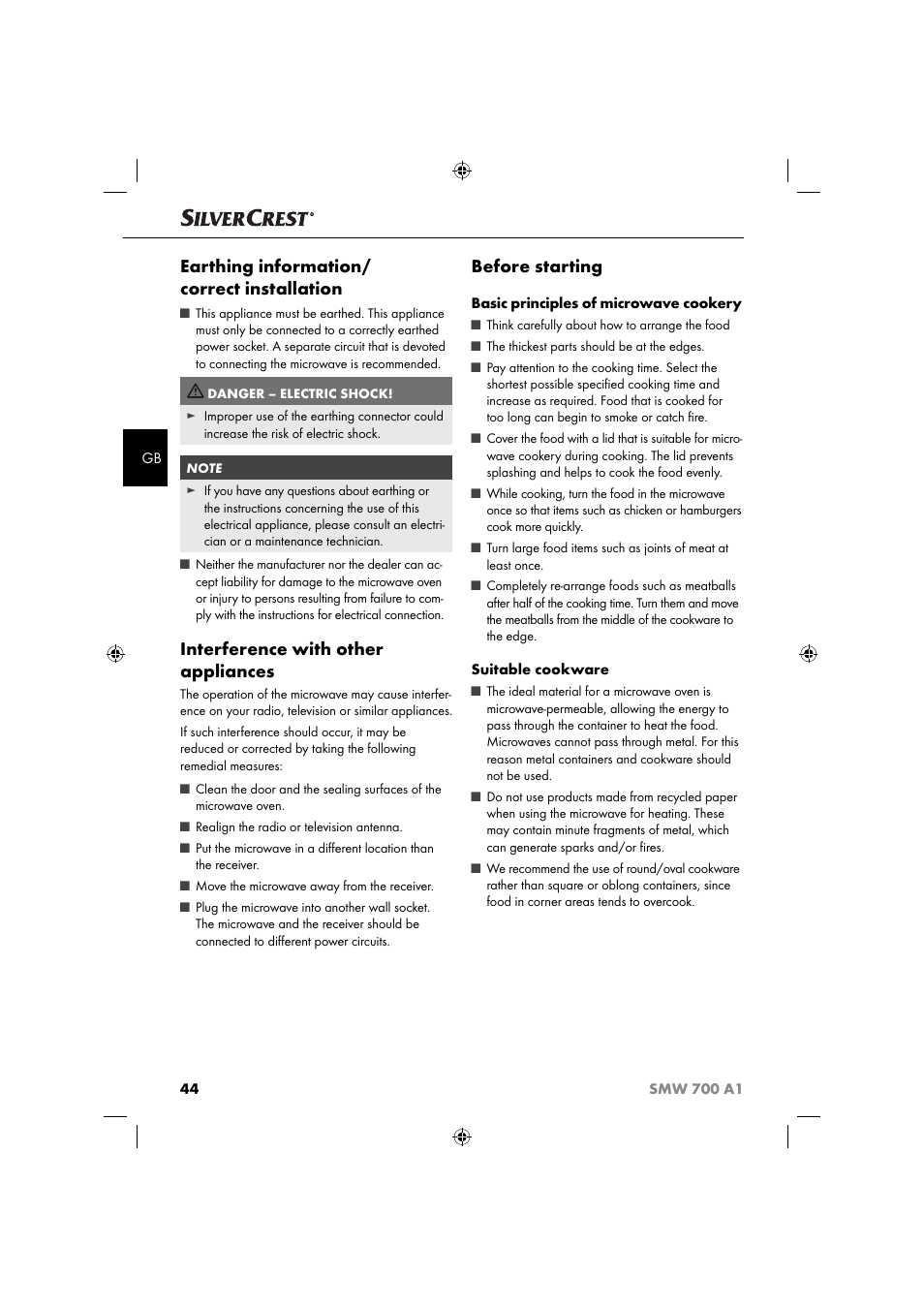 Earthing information/ correct installation, Interference with other appliances, Before starting | Silvercrest SMW 700 A1 User Manual | Page 47 / 52