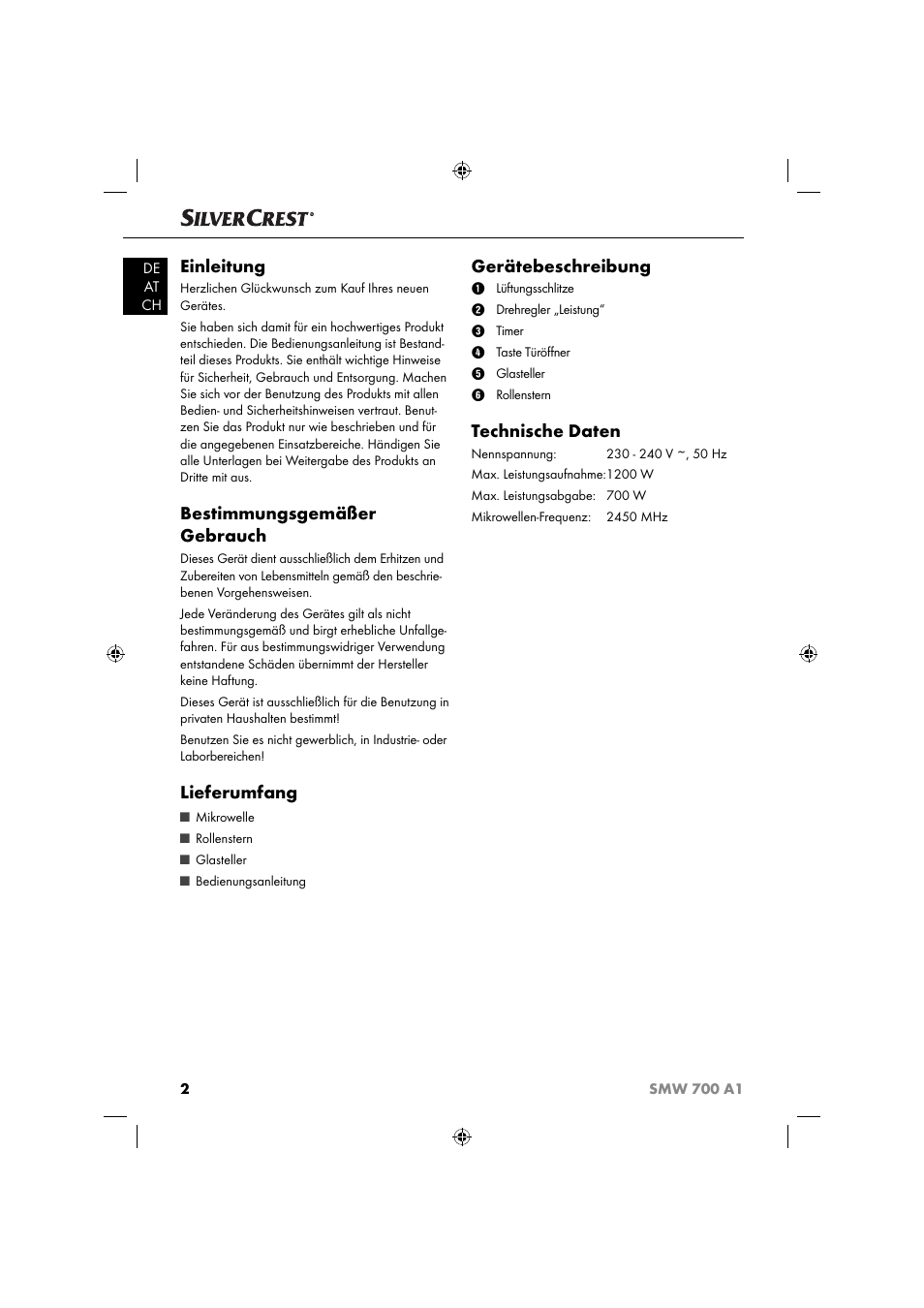 Einleitung, Bestimmungsgemäßer gebrauch, Lieferumfang | Gerätebeschreibung, Technische daten | Silvercrest SMW 700 A1 User Manual | Page 5 / 52