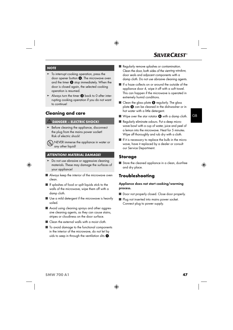 Cleaning and care, Storage, Troubleshooting | Silvercrest SMW 700 A1 User Manual | Page 50 / 52