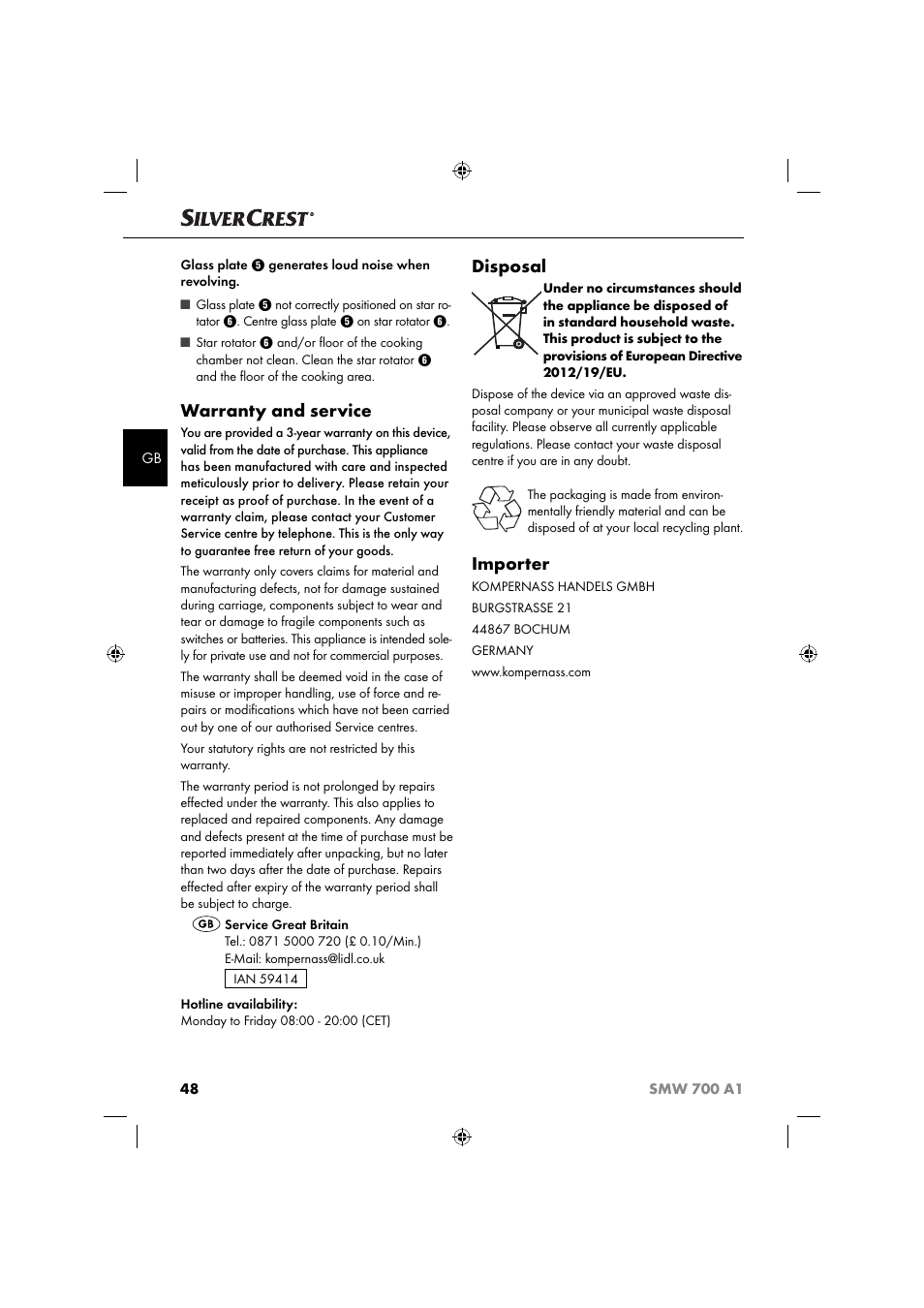 Warranty and service, Disposal, Importer | Silvercrest SMW 700 A1 User Manual | Page 51 / 52