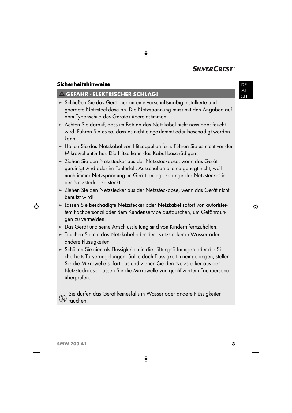 Sicherheitshinweise gefahr - elektrischer schlag | Silvercrest SMW 700 A1 User Manual | Page 6 / 52