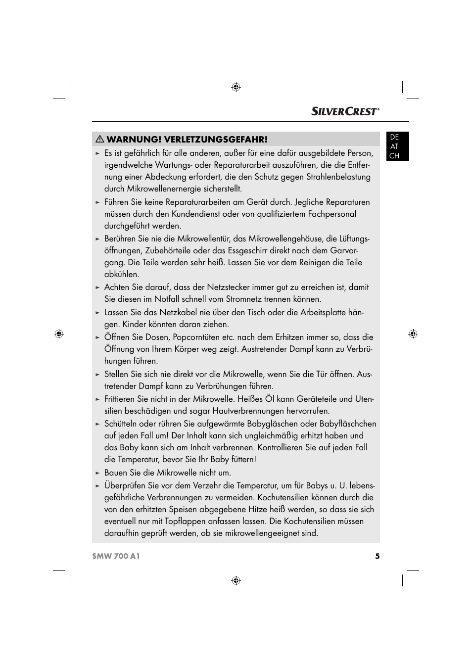 Warnung! verletzungsgefahr, Bauen sie die mikrowelle nicht um | Silvercrest SMW 700 A1 User Manual | Page 8 / 52