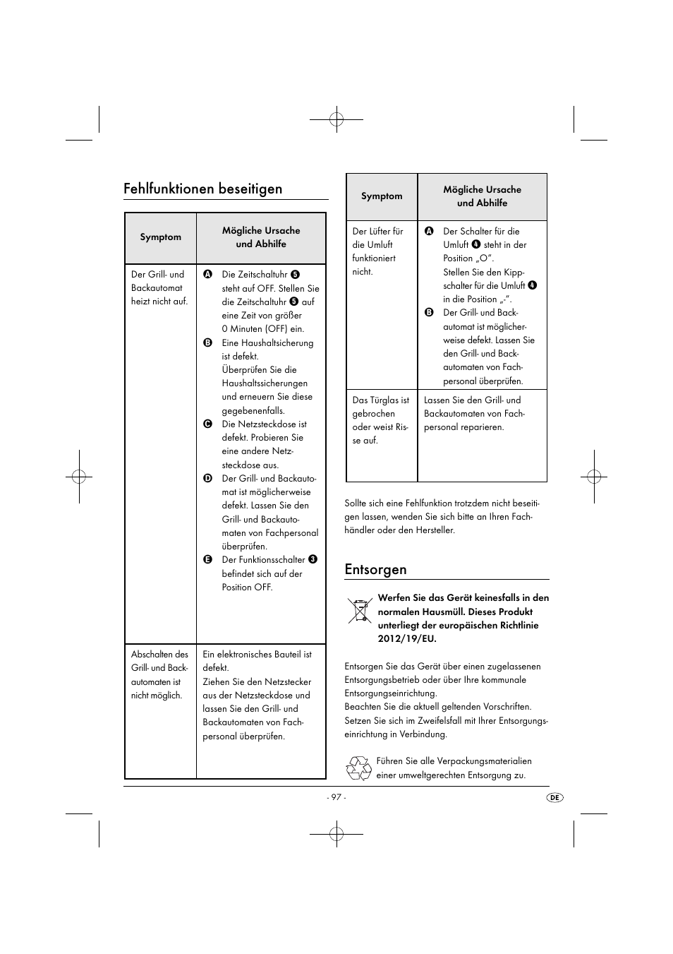 Fehlfunktionen beseitigen, Entsorgen | Silvercrest SGB 1380 B2 User Manual | Page 100 / 102